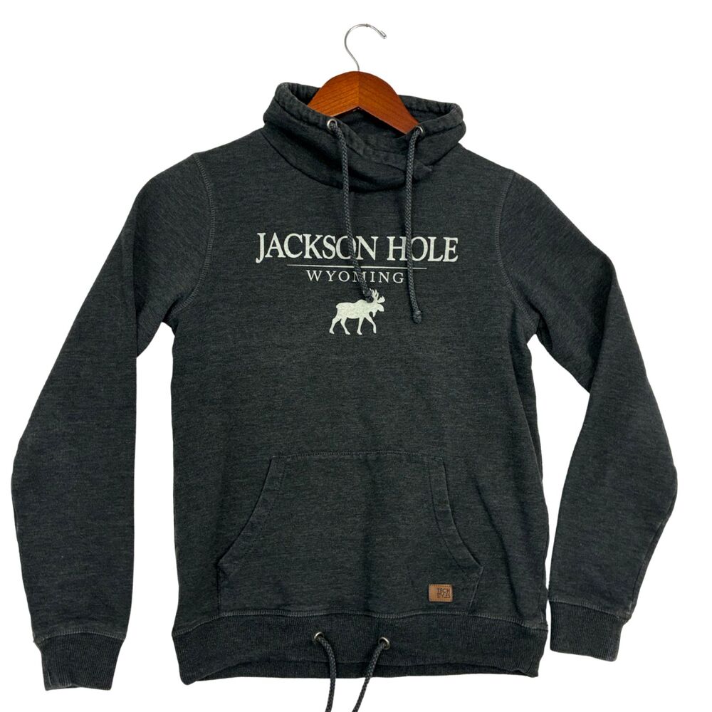 Techstyles Jackson Hole Wyoming Hoodie Womens S Gray Moose Cowl Neck Pullover